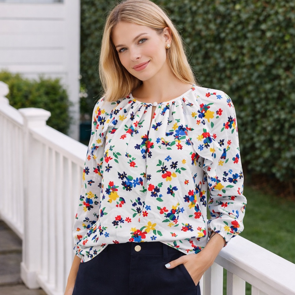 Kate Spade New York Floral Ruffle Blouse XS Multicolor Long‎ Sleeve Keyhole Top